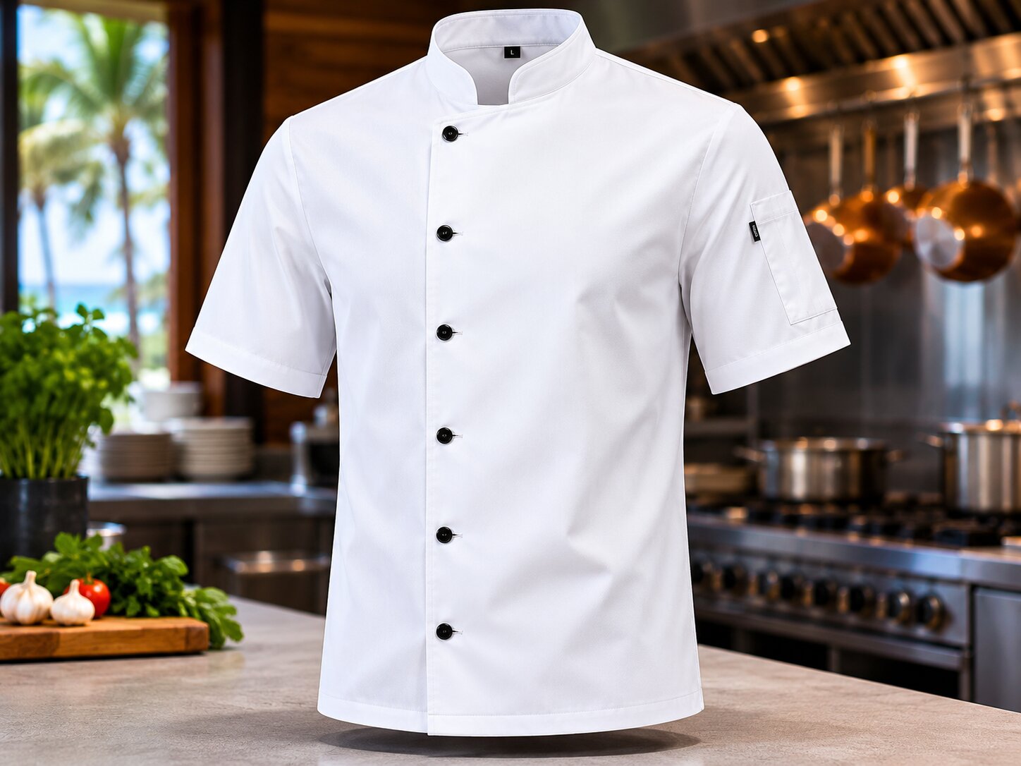 Chef coat lengan pendek untuk hot kitchen tropis Bali